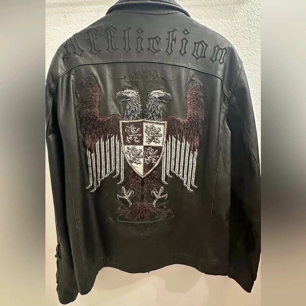 Vintage Affliction Black Leather Jacket with Embroidered Eagle - Picture 1 of 9